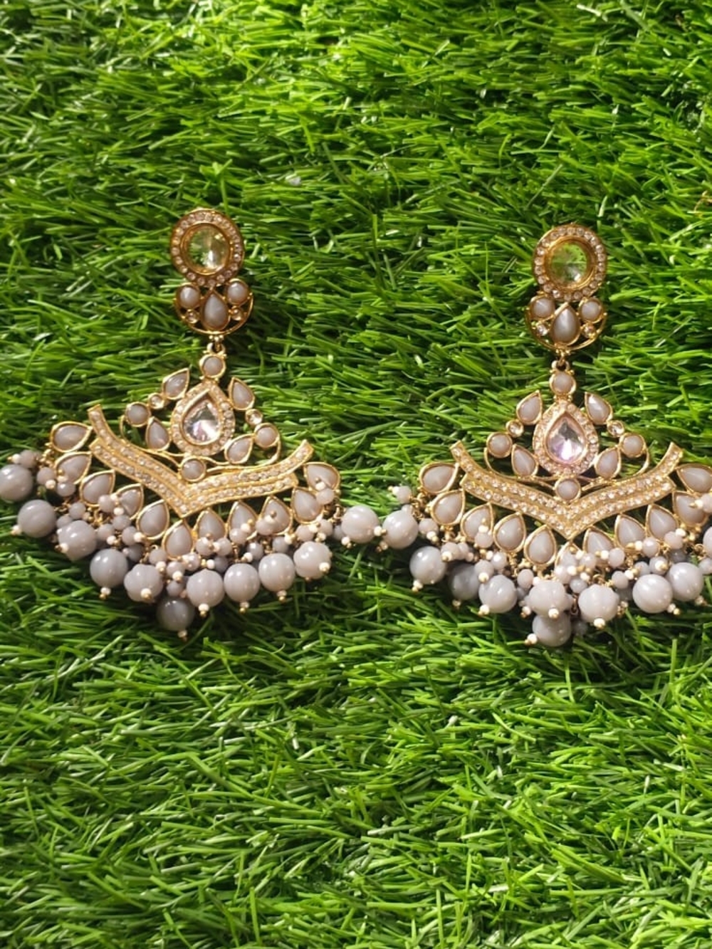 Elegant Gold-Tone White Beaded Chandbali Earrings - Women Jewelry🌷🌷🌷💦💦💦💦